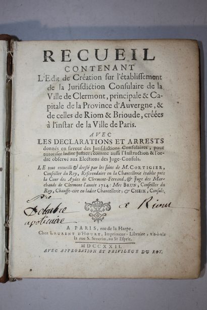 CORTIGIER. Recueil contenant l'édit de création...