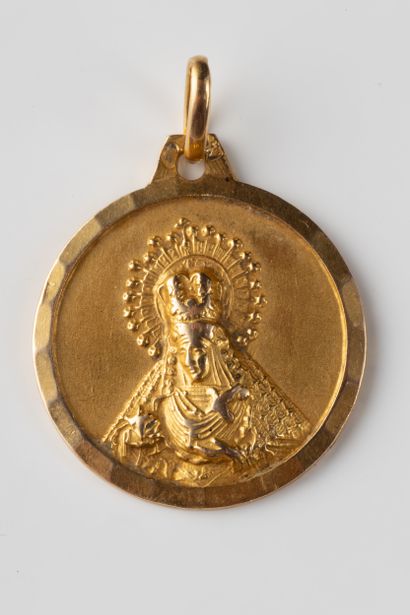 Crowned and haloed spanish virgin medal in...