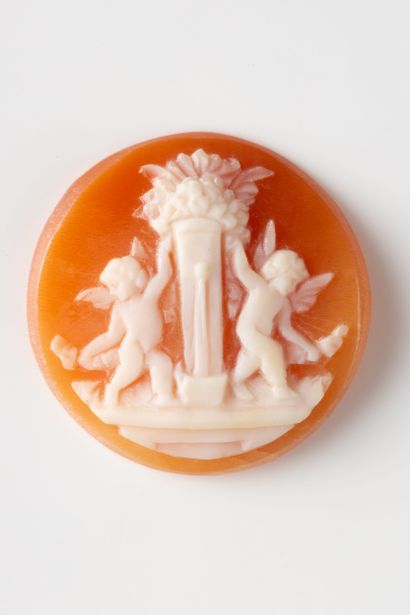 Round shell cameo decorated with two cherubs...