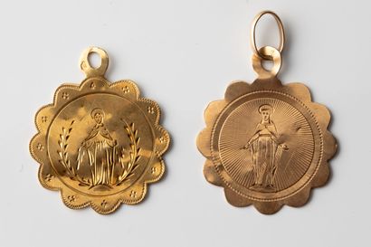 2 miraculous virgin medals with scalloped...
