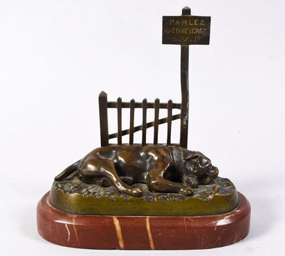 Reclining dog, modern bronze, inscription...