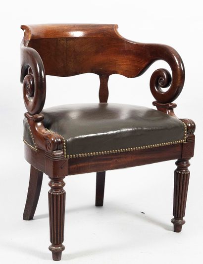 Wooden gondola desk armchair, scrolled arms,...