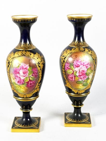 LIMOGES 
Pair of porcelain vases, blue enameled...