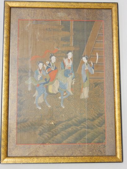 Gouache on paper depicting a court scene....