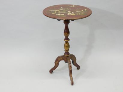 Wooden tripod pedestal table with painted...