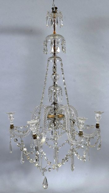Lustre cage en laiton à pampilles de verre,...