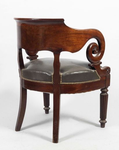 Wooden gondola desk armchair, scrolled arms,...
