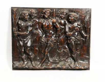 Panneau en bois sculpté en haut relief représentant...