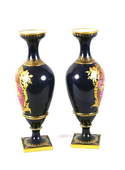 LIMOGES 
Pair of porcelain vases, blue enameled...