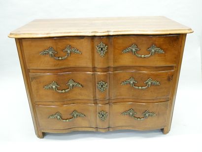 * Natural wood crossbow-front chest of drawers...