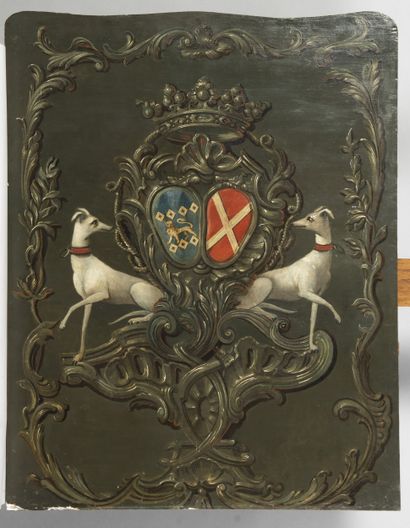 Coat of arms with 2 greyhounds,
painted wood...