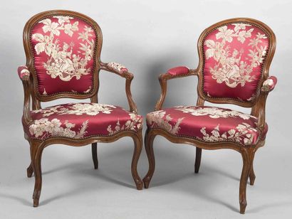 Two cabriolet-back armchairs in molded wood,...
