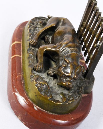 Reclining dog, modern bronze, inscription...