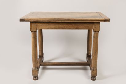 Walnut table with broken top, ringed column...