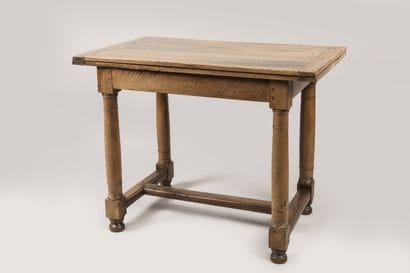 Walnut table with broken top, ringed column...