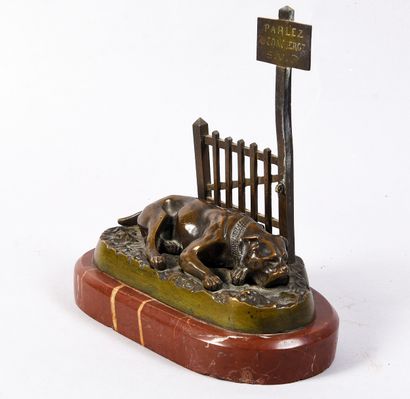 Reclining dog, modern bronze, inscription...