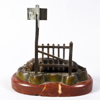 Reclining dog, modern bronze, inscription...