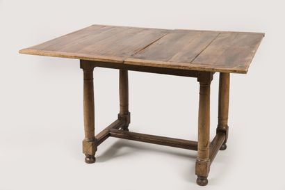 Walnut table with broken top, ringed column...