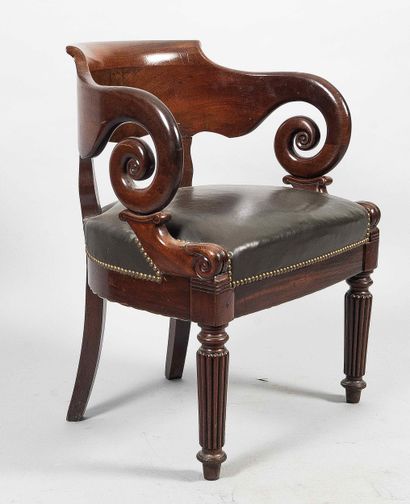Wooden gondola desk armchair, scrolled arms,...