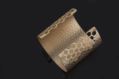 Gold-plated openwork cuff bracelet with honeycomb...