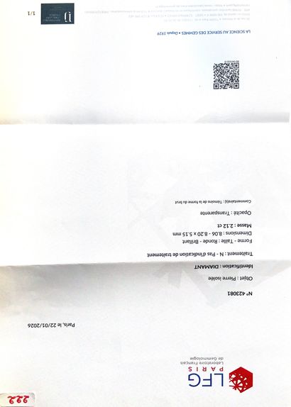 Diamond on paper weighing 2.12 carats. 
Accompanied...