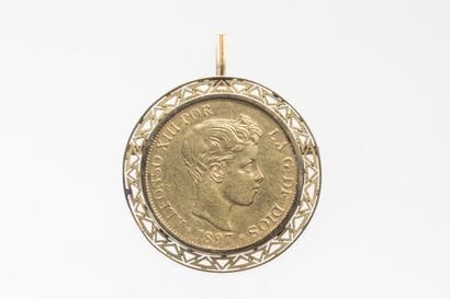 Gold coin brooch of 100 Pesetas Alfonso XIII...