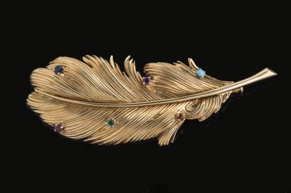 Broche plume en or jaune (750 millièmes)...