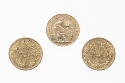 Two 20 franc gold Napoleon III coins 
and...