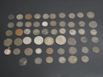 Lot of 54 silver and base metal coins including...