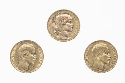 Two 20 franc gold Napoleon III coins 
and...