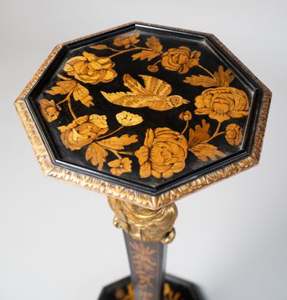 Octagonal tray torchiere in blackened wood...