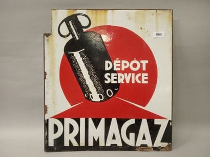 PRIMAGAZ - Plaque émaillée publicitaire double-face...