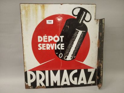 PRIMAGAZ - Plaque émaillée publicitaire double-face...