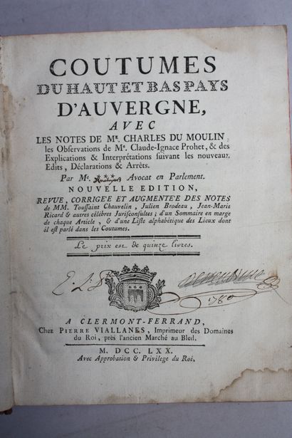 PROHET (Claude-Ignace) - DU MOULIN (Charles).
Coutumes...