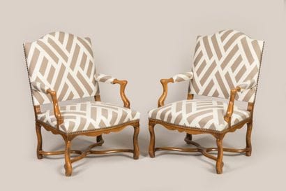 Pair of Louis XIII style armchairs with struts,...