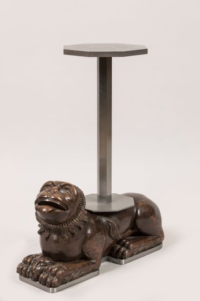 Carved natural wood lion, mounted as a pedestal...