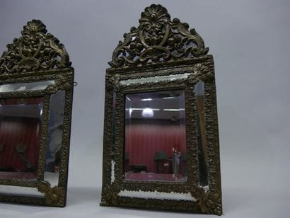 Pair of wooden mirrors with pediments, lined...