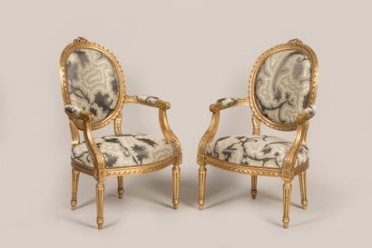 Pair of Louis XVI style giltwood cabriolet...