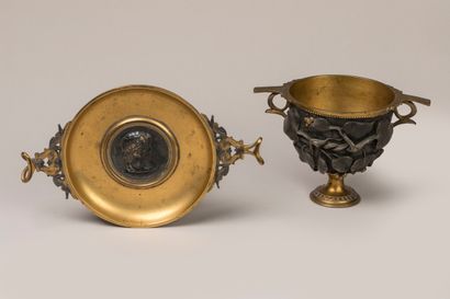 Footed bowl and a cassolette in double patina...