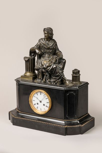 Bronze clock with golden patina, allegory...