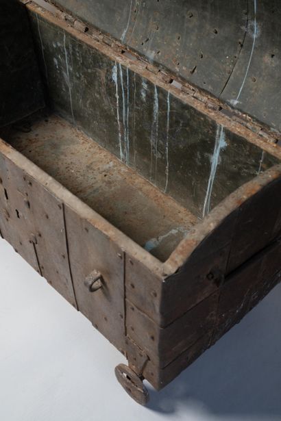 Factory chest with domed lid and wooden core,...