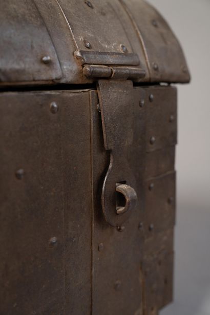 Factory chest with domed lid and wooden core,...