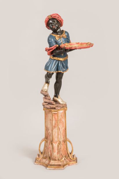Nubian tray-holder in carved wood and polychrilate,...