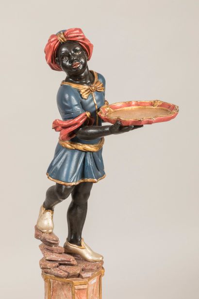 Nubian tray-holder in carved wood and polychrilate,...
