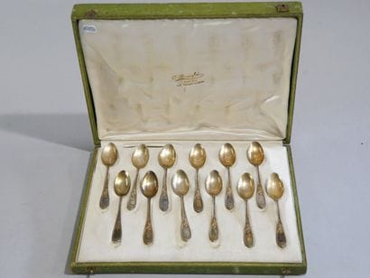 Suite of 12 vermeil mocha spoons, plant and...