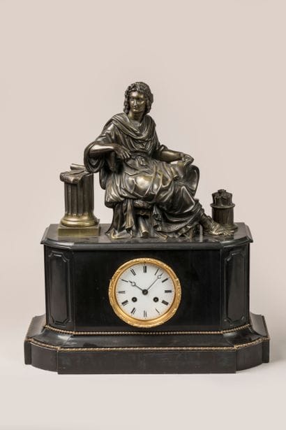 Bronze clock with golden patina, allegory...