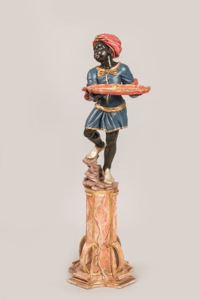 Nubian tray-holder in carved wood and polychrilate,...