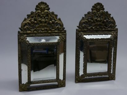Pair of wooden mirrors with pediments, lined...