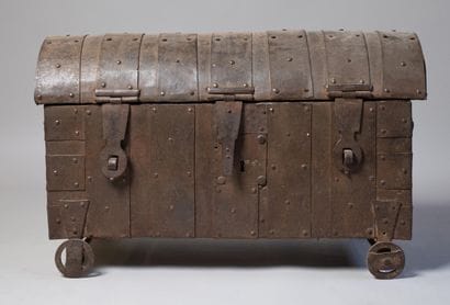 Factory chest with domed lid and wooden core,...