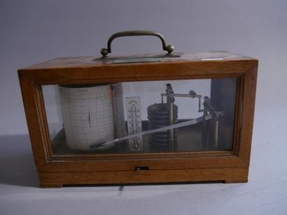 Metal and brass recording barometer in rectangular...